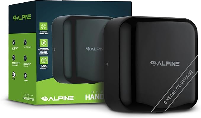 Alpine Commercial Automatic Hand Dryer - High Speed Air Hand Dryer for Home, Restaurant, Bathroom, and High Traffic Areas. 1800 Watts / 110-120 Volts (Black)