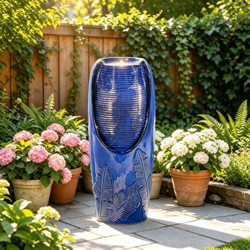 Autodaya 33" Outdoor Fountain with LED Lights, Rich Blue Glaze Ceramic Jar