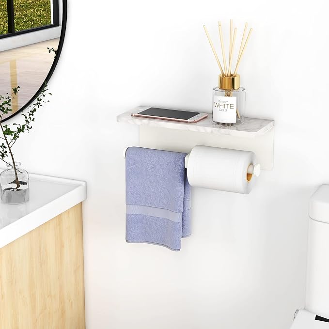 Gypie Double Toilet Paper Holder, Toilet Paper Wall Mount, White Marble | Toilet Paper Holder with Shelf, Stainless Steel Roll Holder for Bathroom Washroom