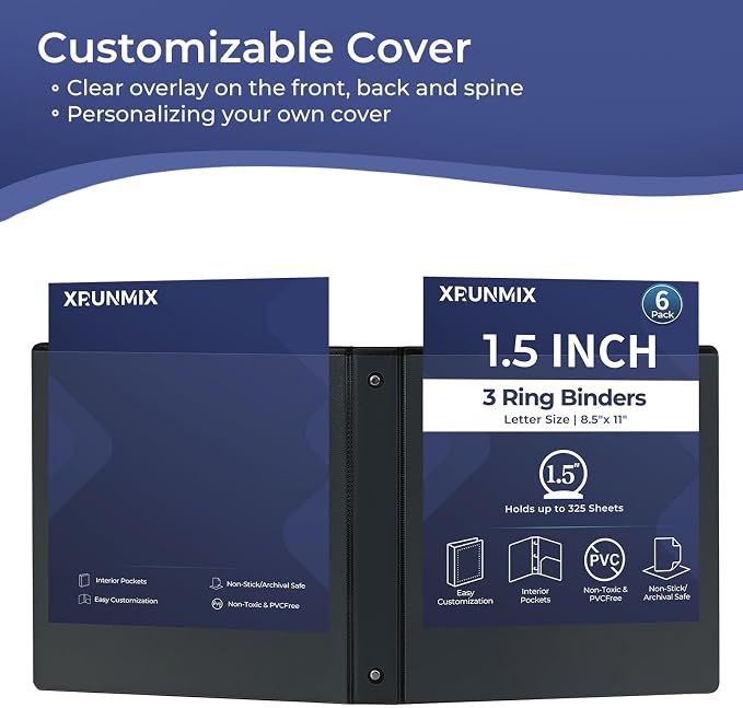 1-1/2'' 2-Inch 3-Ring Binder with Pockets, Premium View Binders with Three Ring Binders Holds up to 200/325/450 Sheets US Letter Size, Bulk Pack of 6 (1.5-inch Black)