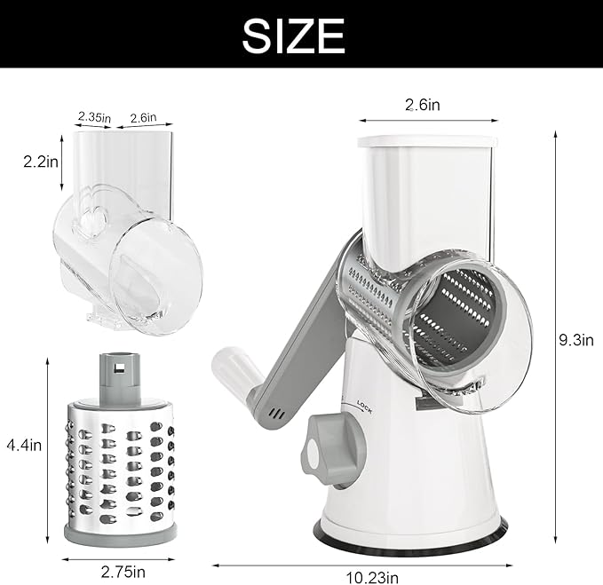 Cambom Rotary Cheese Grater Hand Crank Cheese Shredder for Fresh Cheese, Vegetable, Nuts,Non-slip Suction Base, Five Blades, White