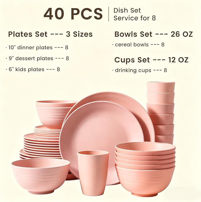 Homienly 40 PCS Premium Wheat Straw Dinnerware Sets, Unbreakable Dishes Set for Party, Resuable Plates Set,Service for 8,Microwave and Dishwasher Safe Cups and Bowls Set for Camping, RV（Pink）