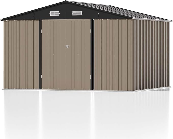 Patiowell 10 x 8 FT Outdoor Storage Shed, Large Garden Tool Metal Shed | with Sloping Roof and Double Lockable Door, Outdoor Shed for Backyard Garden Patio Lawn, Brown