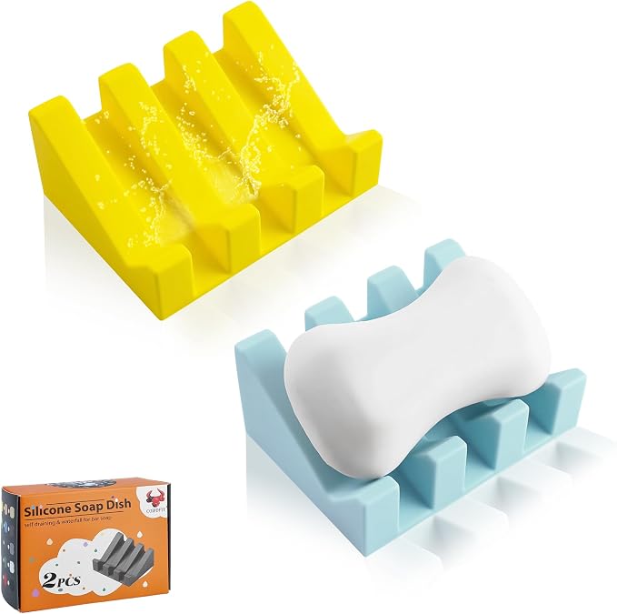 Self Draining Soap Dish Holder,Silicone Soap Dish,for Bathroom,Kitchen, Sponges，Can Extend Soap Life，Keep Soap Bars Dry and Easy Cleaning (Yellow+Sky Blue,2-Pack)