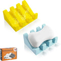 Self Draining Soap Dish Holder,Silicone Soap Dish,for Bathroom,Kitchen, Sponges，Can Extend Soap Life，Keep Soap Bars Dry and Easy Cleaning (Yellow+Sky Blue,2-Pack)