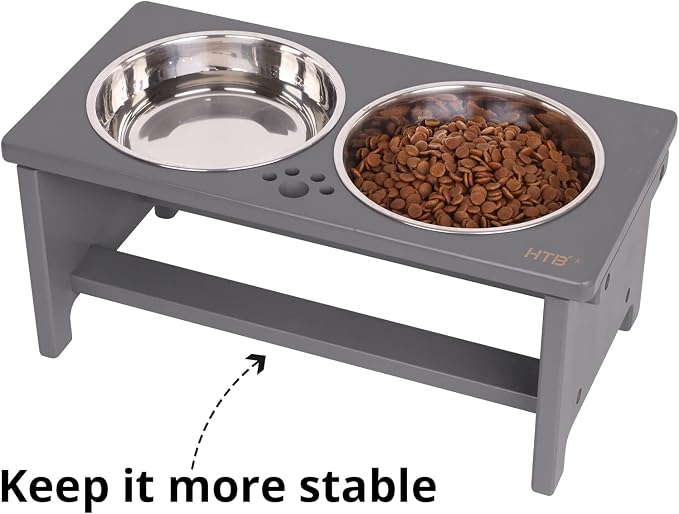 HTB Elevated Dog Bowl Stand with 2 Stainless Steel Bowls-7" H Medium Grey | Raised Dog Bowl Stand, 7"tall, 29 Oz Bowls, for Medium Sized Dogs, Pet-safe, Solid Bamboo