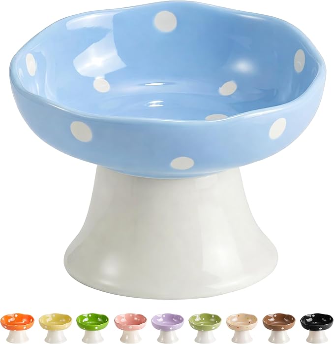 Blue Mushroom Cat Bowl, Elevated Ceramic Bowl for Cats | Cute Mushroom Design, Elevated, Ceramic, Whisker Friendly, Anti Vomiting