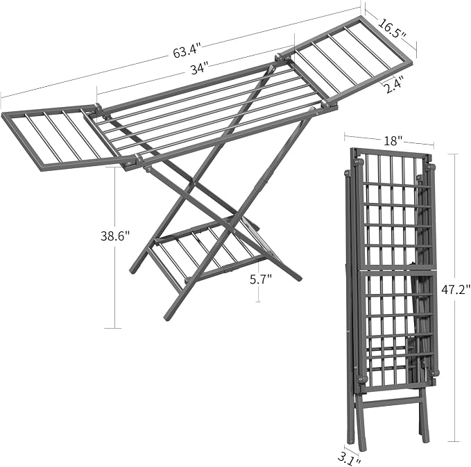 Clothes Drying Rack Heavy Duty, Foldable Laundry Dryer Stand for Clothing & Towel, Free Standing Collapsible for Indoor & Outdoor, 2-Level Clothing Drying Rack, 63" L× 17.7" W, Gray