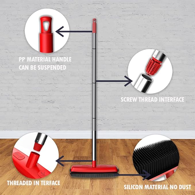 Rubber Bristle Expandable Broom Set with Dustpan & Handheld Rubber Brush for Surface Cleaning, Dust Pet Hair Removal Sofa Sweeping, Built-in Rubber Squeegee Snap, Set of 3, Red