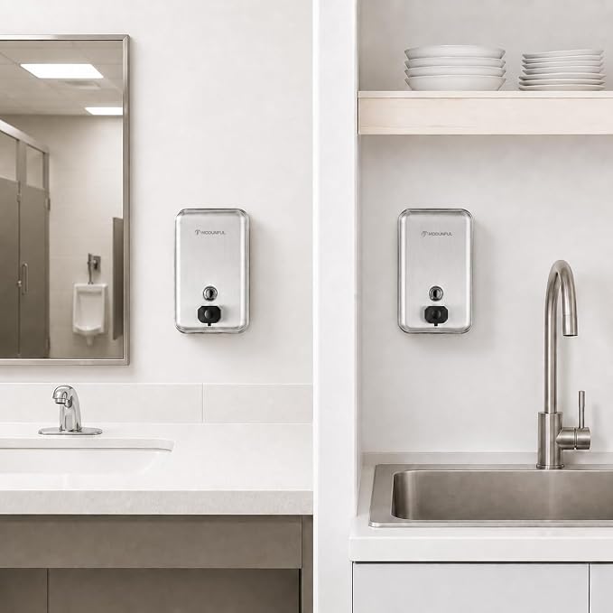 2 Pack Wall Mounted Soap Dispenser - Modunful M1 DM2922 Silver | 38.8oz Large Capacity, Commercial Grade Brushed Stainless Steel, Anti-Leak Pump, Key Lockable