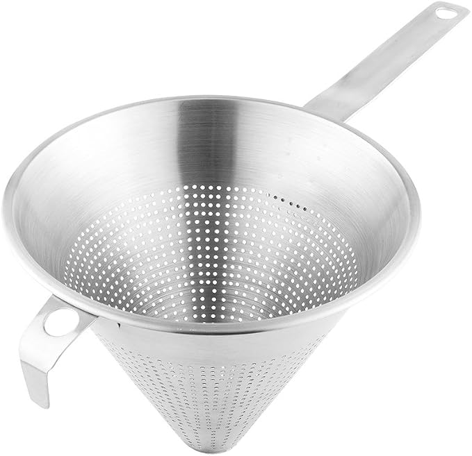 Restaurantware-Met Lux 16.5 Inch x 9 Inch x 8.5 Inch Cone Strainer, 1 With Hook Steel Strainer - Cone-Shaped, Ergonomic, Stainless Steel China Cap Strainer, For Straining Seeds, Beans, Sauces And More