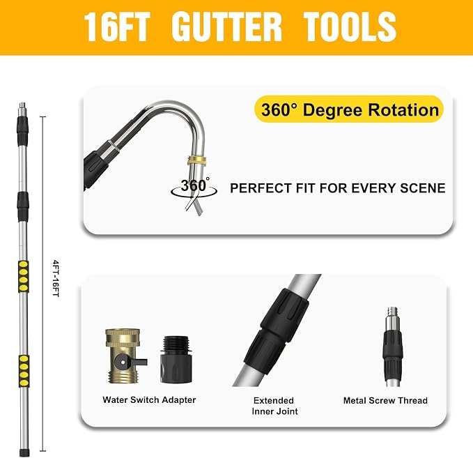 LAANPOLE Gutter Cleaning Tools from The Ground, 24FT Reach Rain Cleaner with Bendable Wand and Quick Connect Adapter for Garden Hose