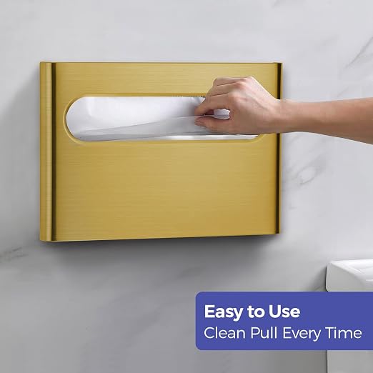 Stardrix Slim Brushed Gold Stainless Steel Toilet Seat Cover Dispenser – Designer Wall-Mount Holder with Curved Edges and Large Capacity for Single or 1/2 Fold Covers, Aesthetic and Modern Look