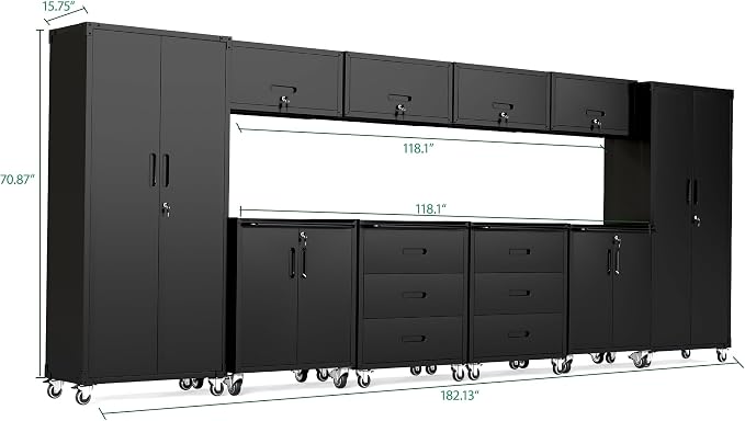 10-Piece Heavy Duty Steel Garage Cabinet System | All-in-One Modular Garage Cabinet Set for Ultimate Workshop Organization | Easy Assembly Garage Storage Cabinets & Tool Bench (Black)