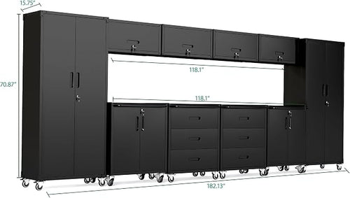 10-Piece Heavy Duty Steel Garage Cabinet System | All-in-One Modular Garage Cabinet Set for Ultimate Workshop Organization | Easy Assembly Garage Storage Cabinets & Tool Bench (Black)