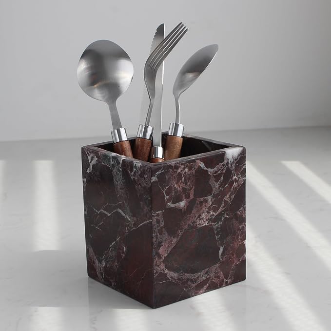 Rosso Levanto Marble Toothbrush Holders for Bathroom, Natural Marble Canisters, Makeup Brush Holder Countertop Organizer
