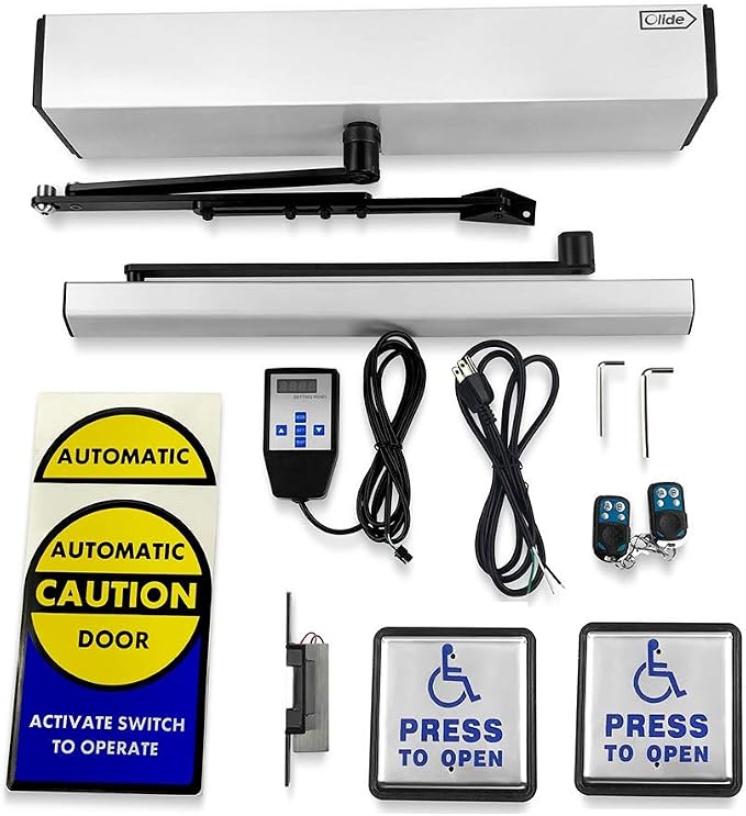 DSW120 Residential Handicap Swing Door Opener with 2PCS 304 Stainless Steel Hardwired Handicap Push Buttons+1PCS Stainless DC12V 550lbs Fail Safety Electric Lock