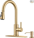 FORIOUS Gold Kitchen Faucet with Soap Dispenser and Pull Down Sprayer, Bar High Arc Single Handle Classic 3 Modes Stainless Steel Faucet for Kitchen Sink Farmhouse RV Laundry Camper