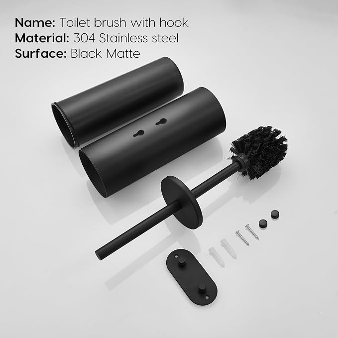 Toilet Bowl Brush and Holder, Black | 304 Stainless Steel, No-Punch Hook Base, Removable Inner Bucket, Splash Cover, Soft Bristles