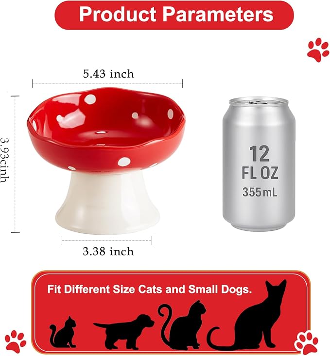 Red and Orange Mushroom Cat Bowl Set, 2PCS Elevated Ceramic Bowls for Cats | Cute Mushroom Set, Elevated, Ceramic, Whisker Friendly, Multi-Cat