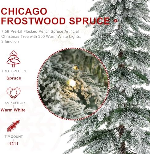 Glitzhome 7.5ft Prelit Christmas Tree, Artificial Christmas Tree with 350 Warm White Lights, Flocked Pencil Christmas Trees Chicago Frostwood Spruce with 1,211 PE&PVC Branch Tips,Sturdy Metal Stand