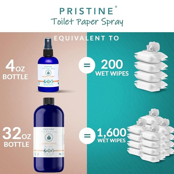 PRISTINE Toilet Paper Spray, As Seen on Shark Tank, Flushable Wipe Alternative, Personal Cleansing Bathroom Spray for Regular Toilet Tissue, Bidet Alternative, Made in USA, Coco Amber, 32oz