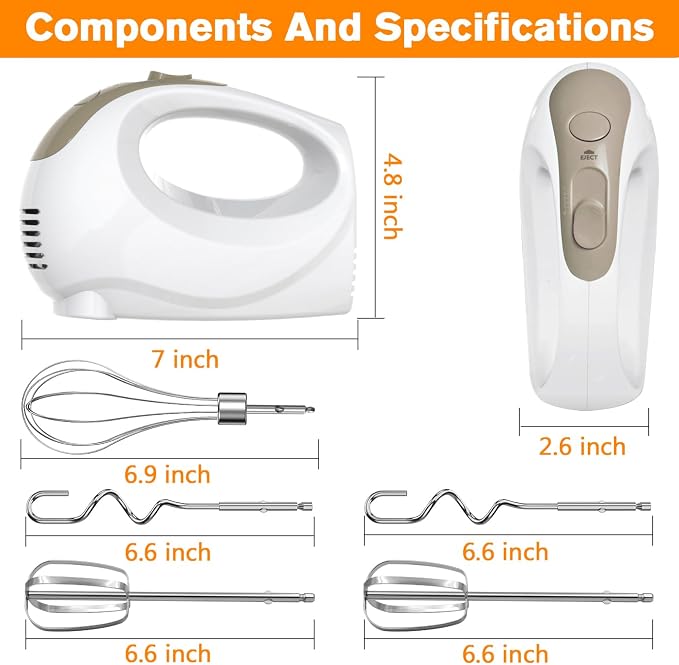 Handmixer Electric Handheld- 5 Speed Portable Kitchen Mixer Electric Handheld with 5 Stainless Steel Accessories Whisk, Food Beater, ‌Ivory