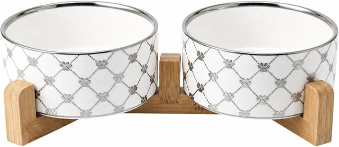 TRUVIC Ceramic Dog Bowl Set of 2 with Wood Stand, Silver Claw Pattern Dog Food and Water Bowl Set, 3.5 Cup/28 oz Puppy Food Bowls for Medium Dogs, Dishwasher Safe