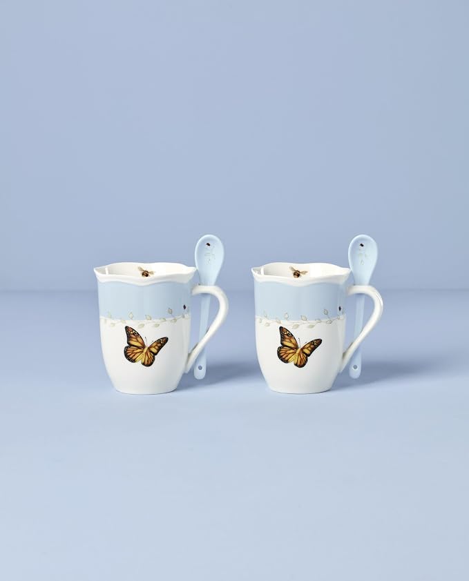 Lenox 897800 Butterfly Meadow Color Mugs With Spoons, Set Of 2, Blue
