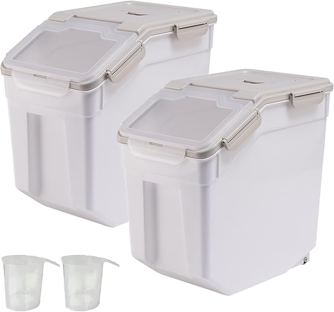 50 lbs Flour Storage Container, 2 Pack Rice Storage Container with Measuring Cup & Scoop, Pet Food Storage Container Dog Cat Food Bin, Grey