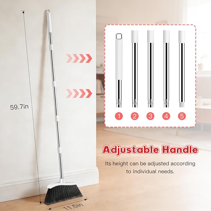 Broom and Step-on Dustpan Set, 59-in Adjustable Long Handle Broom with Dustpan Combo Set Outdoor Angle Broom for Sweeping Indoor Dust Pet Hair for Cleaning Kitchen Garage Deck Patio, White