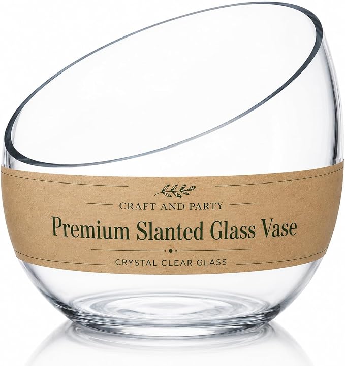 Slant Cut Bowl Glass, Glass Fish Bowl Vase, 6" Height x 7" Width Fruit Jar, Candy Dish, Clear Terraium, Flower Centerpiece