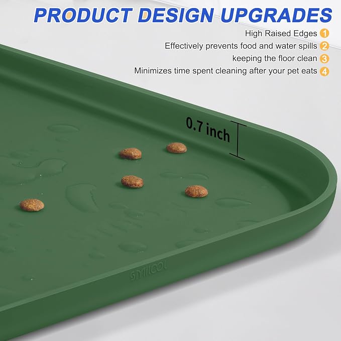 SMILOOL Waterproof Silicone Pet Food Mat with Raised Edge for Dog & Cat | 19" x 12" Non-Slip Pet Feeding Mats with Lip for Food & Water Bowl, Food Grade, Easy Cleaning, Dark Olive