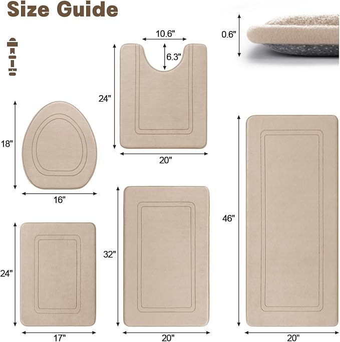 YIHOUSE Beige Memory Foam Bathroom Rug Set 5 Piece, Absorbent Bath Mat Sets, Non Slip Bath Mats for Bathroom Floor, Washable & Dry Quickly Bath Rug Set, Beige Rug Set5 Pieces