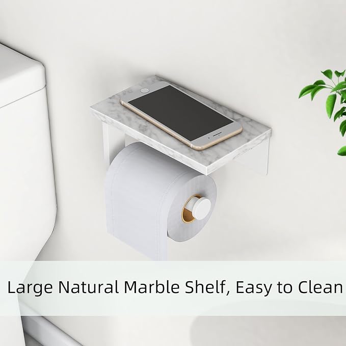 Gypie Toilet Paper Holder with Natural Marble Shelf, 304 Stainless Steel Screw Wall Mounted, Tissue Roll Paper Holder Dispenser for Bathroom Washroom White