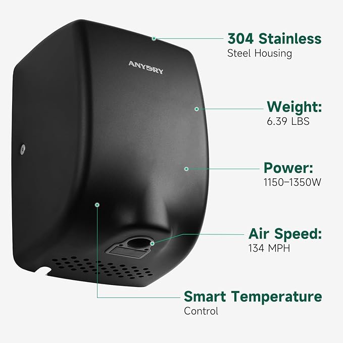 anydry Compact Hand Dryer, High-Speed 1350W Airflow, Matte Black Finish, Space-Saving for Commercial & Home Use, Model AD2803Y