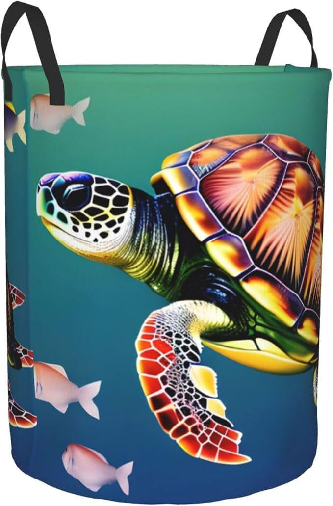 Sea Turtle With Fishes Large Foldable Laundry Basket Hamper,Storage Basket Bin With Handles,For Bathroom,College