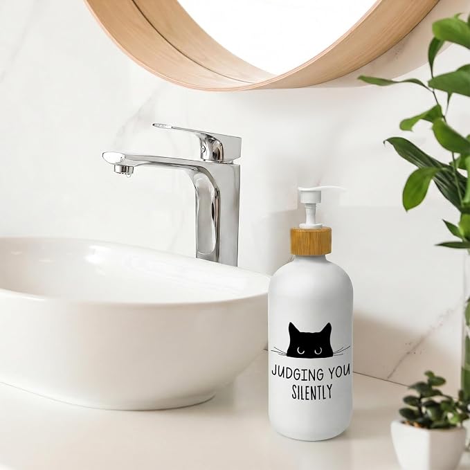 Funny Cat Soap Dispenser, Black Cat Judging You Silently Glass Dish Soap Dispenser with Pump for Kitchen, Cats Lover Gifts Bathroom Countertop Refillable Handsoap Liquid Container