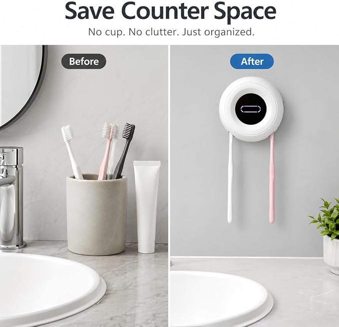 Upgraded Toothbrush Holder, UV & Heated Drying Wall Mounted Toothbrush Cleaner, Aesthetic Tooth Brush Holder for Bathroom Fits Most Toothbrushes, Auto-Cycle Electric Organizer, for Family