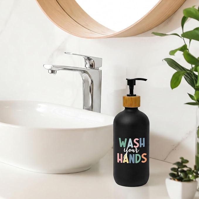 Kids Bathroom Boho Soap Dispenser, Wash Your Hands Bathroom Countertop Hand Soap Dispenser with Pump, Colorful Toddler Decor Handsoap Refillable Glass Pump Bottle Container (Black)