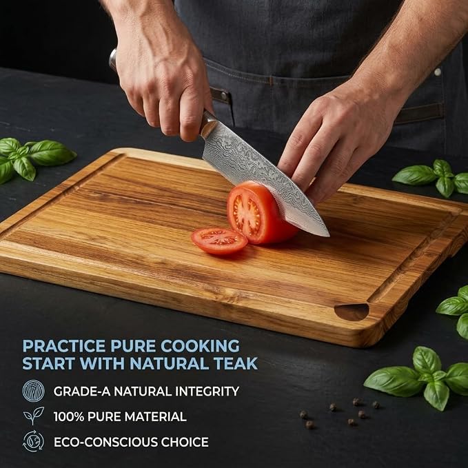 24”×18” Teak Wood Cutting Board for Kitchen, Knife-Friendly Chopping Boards with Juice Grooves & Storage Stand, Heavy Duty Wooden Boards for Meat, Fruit & Cheese, Ideal Housewarming Gift