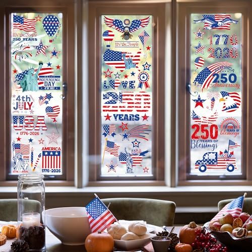 124 PCS 4th of July Window Clings, 9 Sheets 250th Anniversary Fourth of July Decorations, Red White Blue Independence Day Decor with USA Flags Eagles, Patriotic Window Clings for Home Parade