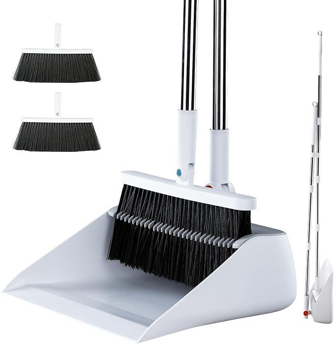 MOPALL Broom with Dustpan Combo Set with 53" Extra Long Handle, Self-Cleaning Dustpan Teeth for Dog Cat Hair, 180° Swivel Brooms Head, Upright Standing for Sweeping Indoor, Includes 2 Broom Heads