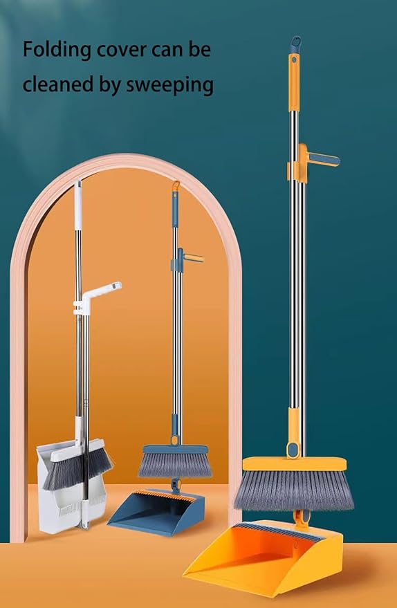 Folding Broom and Dustpan Set, Long-Handled Sweeper with 180° Swivel Head and Scratching Teeth, Suitable for Home and Office Use Black