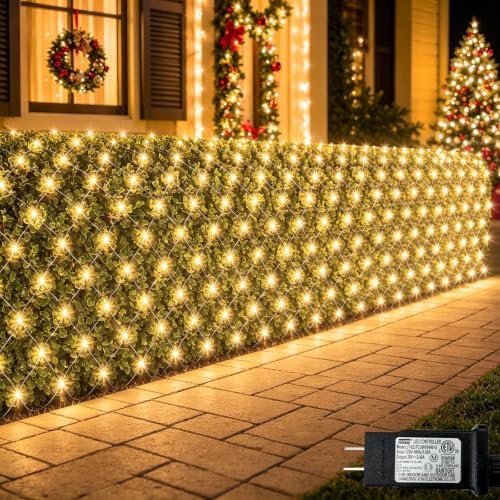 Lovelite 510LED Christmas Net Lights, 28ft x 5ft Net Lights Outdoor 8 Modes, Waterproof Connectable String Lights Green Wire Plug in for Xmas Tree Bushes Garden Holiday Party Decor - Warm White