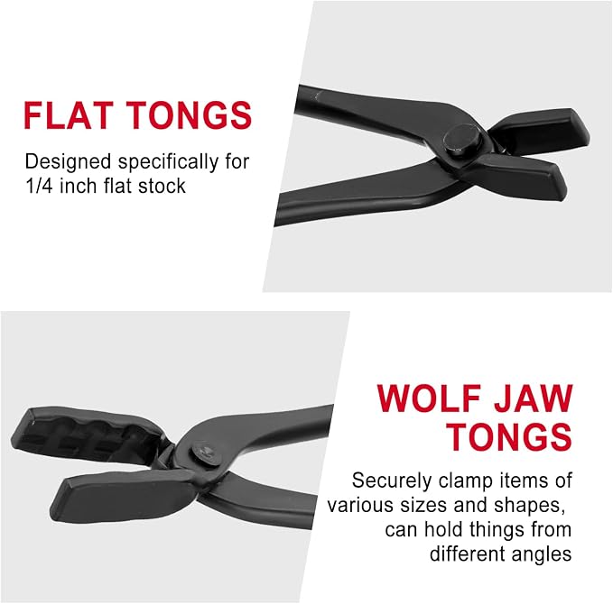 Blacksmith Tongs Set 4PCS, V-Bit Blade Tongs, Flat Tongs, Blade Tongs and Wolf Jaw Tongs for Knife Making, Bladesmithing and Blacksmithing Tool - Heavy Duty Steel, Heat-Resistant for Forging