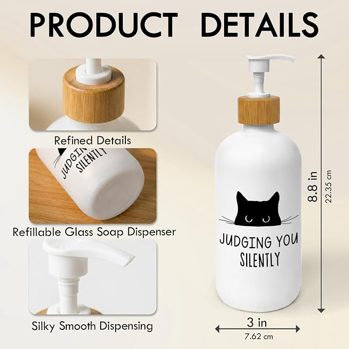 Funny Cat Soap Dispenser, Black Cat Judging You Silently Glass Dish Soap Dispenser with Pump for Kitchen, Cats Lover Gifts Bathroom Countertop Refillable Handsoap Liquid Container