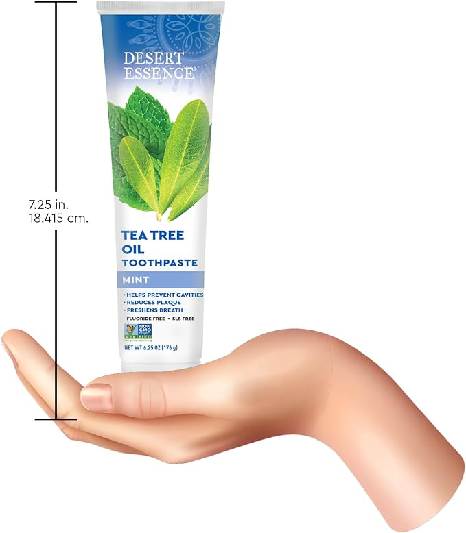 Desert Essence Tea Tree Oil Mint Toothpaste, Fluoride Free, 6.25 oz | Baking soda and sea salt help clean teeth and reduce surface buildup; SLS-free formula freshens breath