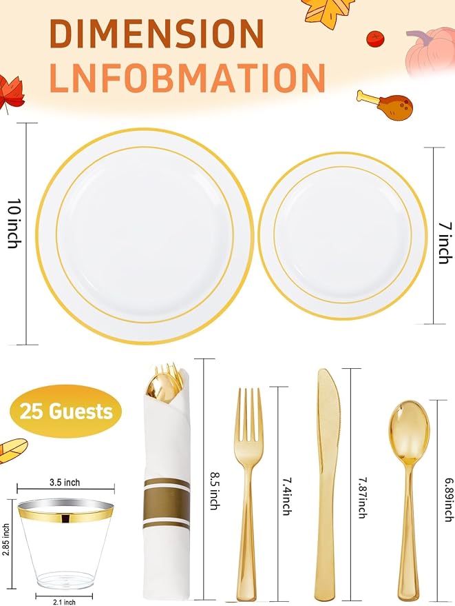WDF Partyware 175PCS White and Gold Plastic Plates - Gold Plates with Rolled Napkins for Party - 25Guest Disposable Dinnerware Sets for Wedding/Baby Shower/Birthday