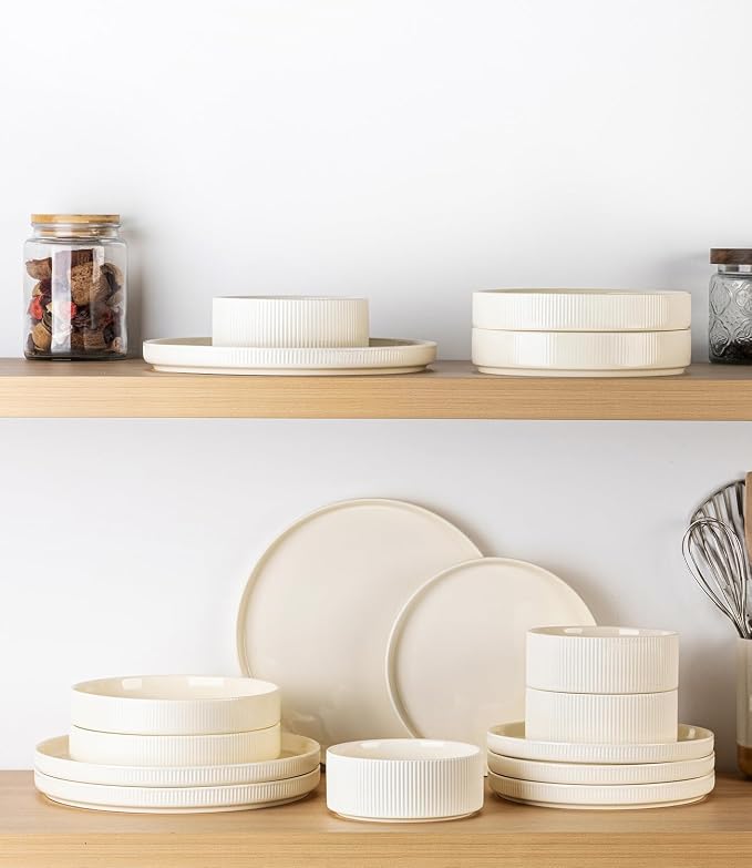 TheTerra Ceramic Dinnerware Sets with Pasta Bowls for 4, 16 Pieces Porcelain Lightweight Plates and Bowls Sets, Scratch Resistant Dish Set, Oven & Microwave & Dishwasher Safe, Beige